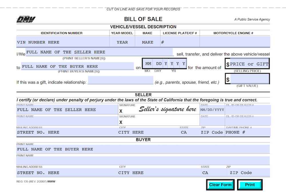 Photo of California Bill of Sale Form part