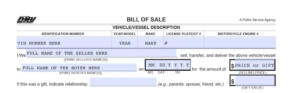 Photo of California Bill of Sale Form section