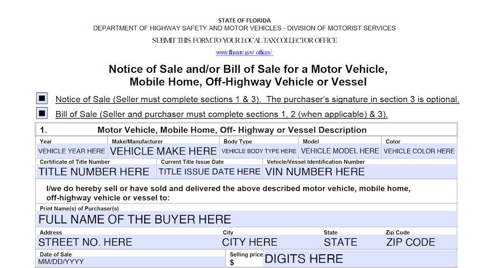 Photo of Florida Bill of Sale Form section