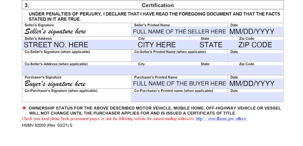Photo of Florida Bill of Sale Form section