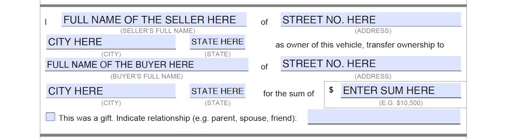 Photo of Louisiana Bill of Sale Form section