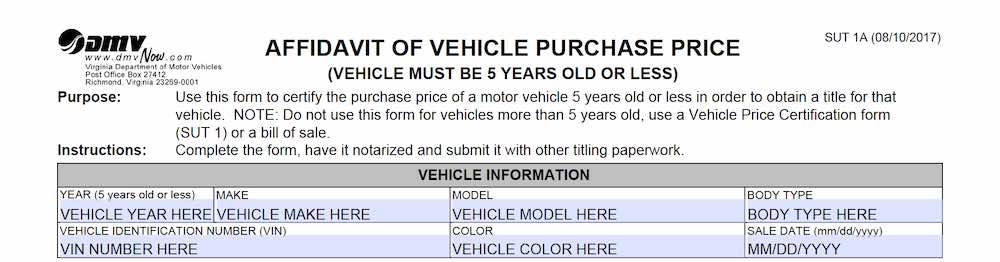 Photo of Affidavit Of Vehicle Purchase Price Form SUT-1A section