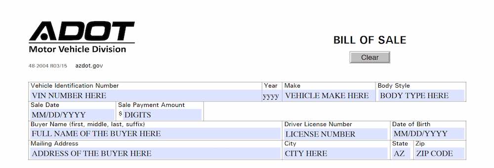 Photo of Arizona Bill of Sale Form section