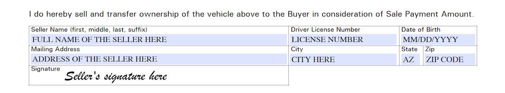Photo of Arizona Bill of Sale Form section