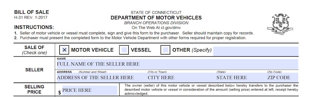 Photo of Connecticut Bill of Sale Form section