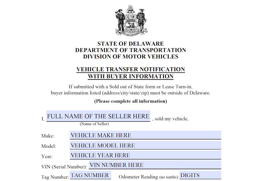 Photo of Delaware Vehicle Transfer Notification Form section