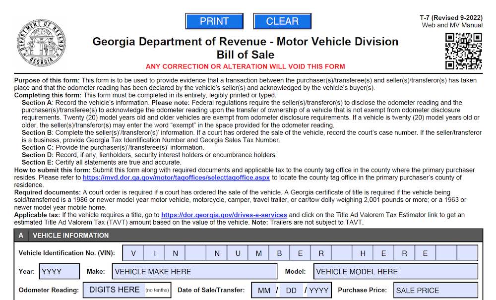 Photo of Georgia Bill of Sale Form section