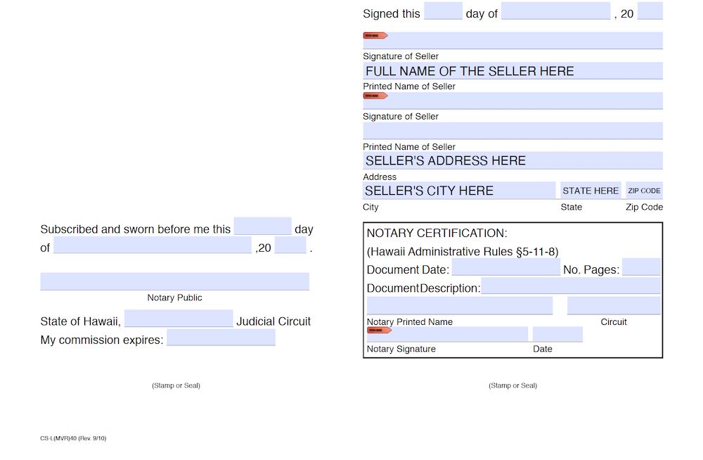 Photo of Hawaii Bill of Sale Form section