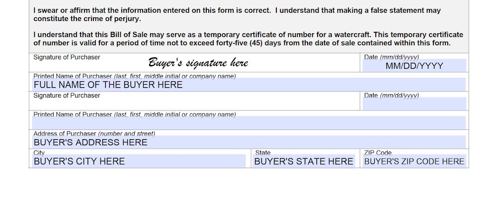 Photo of Indiana Bill of Sale Form section