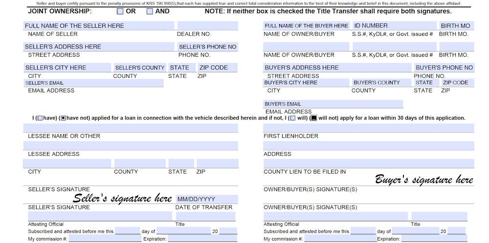 Photo of Kentucky Bill of Sale Form section
