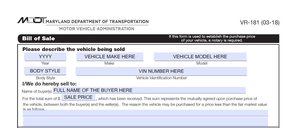Photo of Maryland Bill of Sale Form section