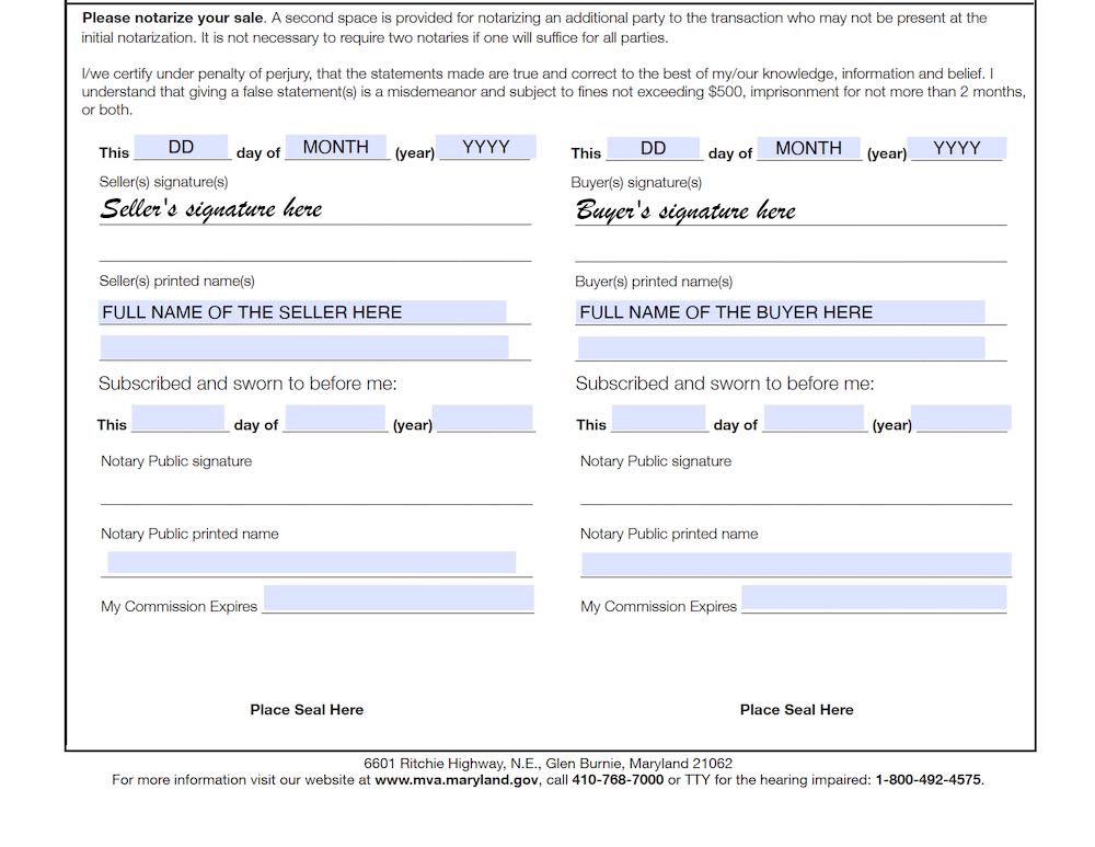 Photo of Maryland Bill of Sale Form section