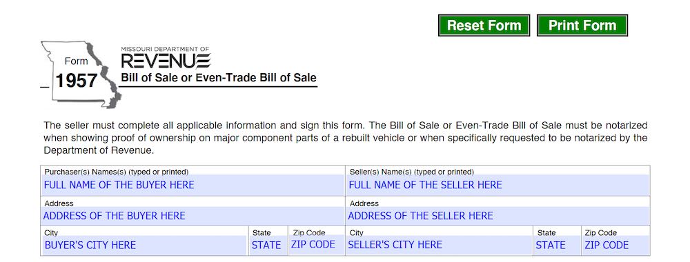 Photo of Missouri Bill of Sale Form section