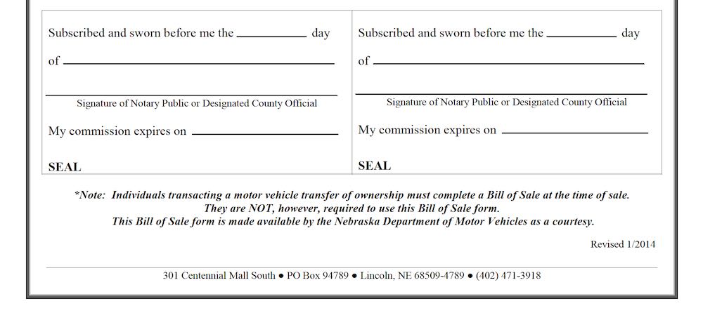 Photo of Nebraska Bill of Sale Form section