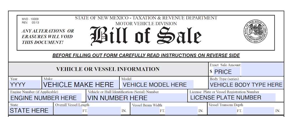Photo of New Mexico Bill of Sale Form section