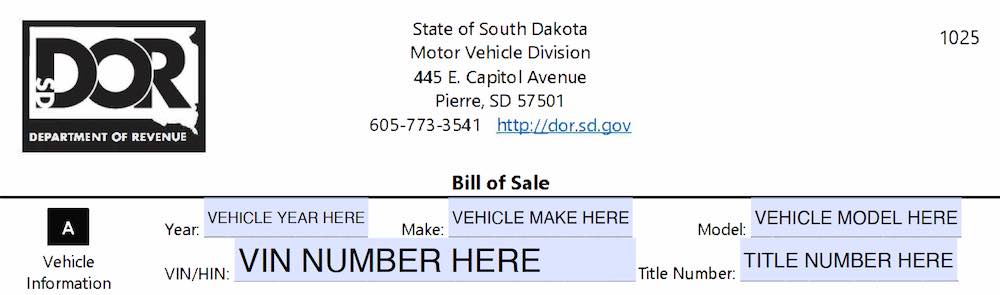 Photo of South Dakota Bill of Sale Form section
