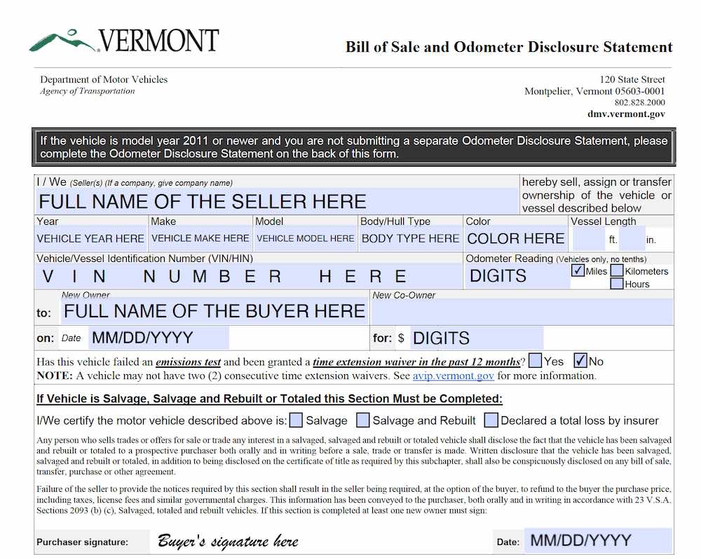 Photo of Vermont Bill of Sale Form section