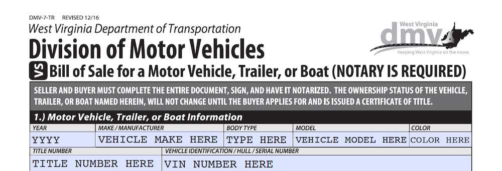 Photo of West Virginia Bill of Sale Form section