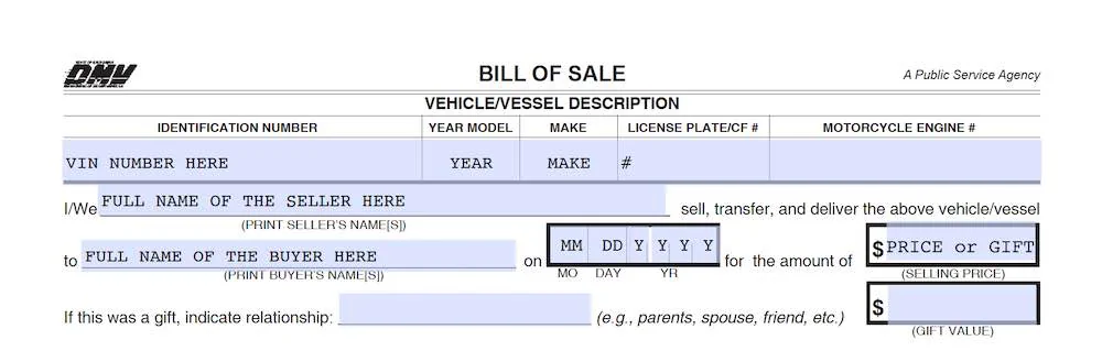 California Bill of Sale Form section