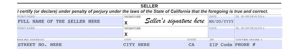 California Bill of Sale Form section