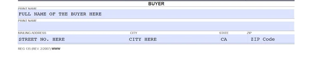 California Bill of Sale Form section