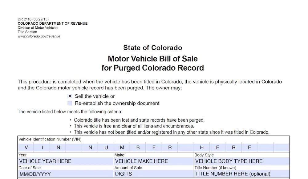 Photo of Bill of Sale for Purged Colorado Record section