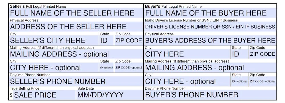 Idaho Bill of Sale Form section