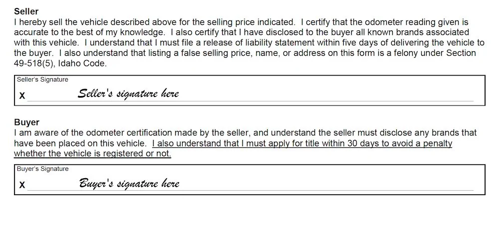 Idaho Bill of Sale Form section