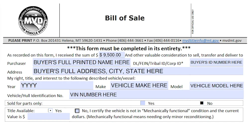 Montana Bill of Sale Form section