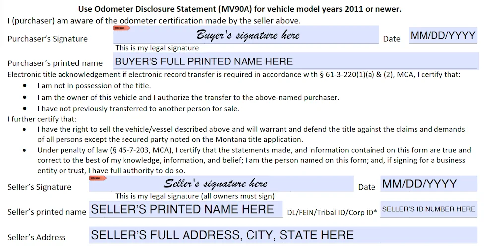 Montana Bill of Sale Form section