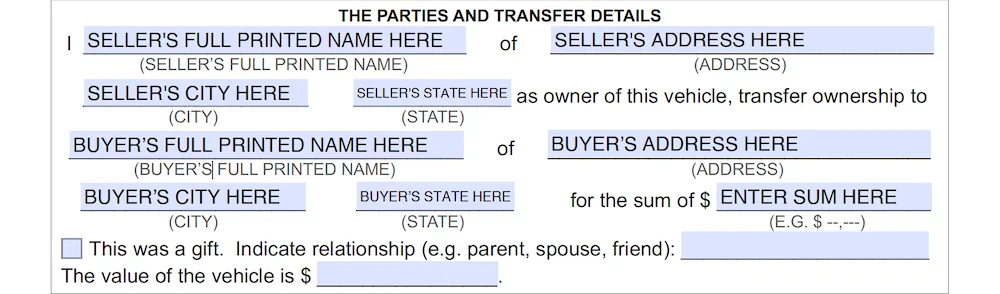 New Jersey Bill of Sale Form section