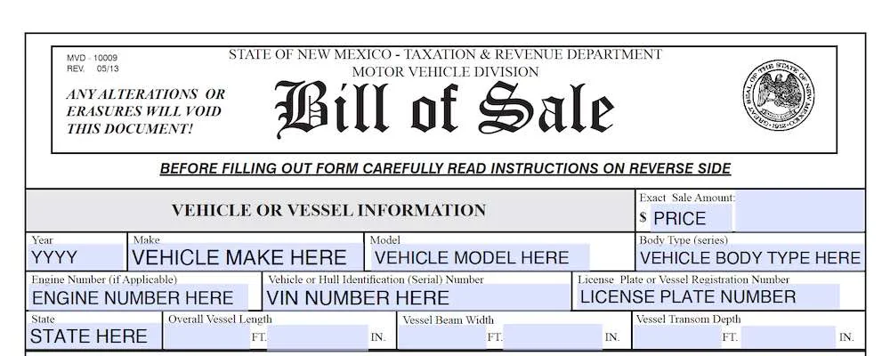 New Mexico Bill of Sale Form section