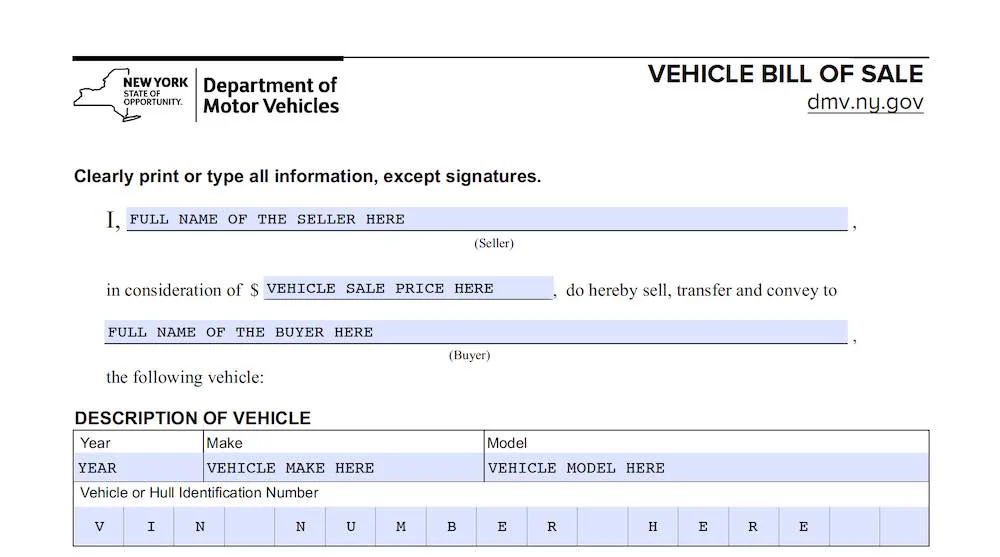 New York Bill of Sale Form section