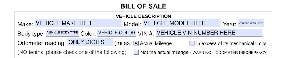 North Carolina Bill of Sale Form section