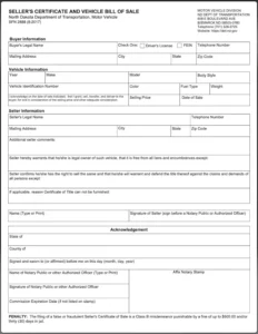 North Dakota Bill of Sale Form