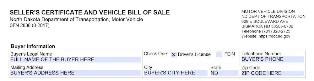 North Dakota Bill of Sale Form section