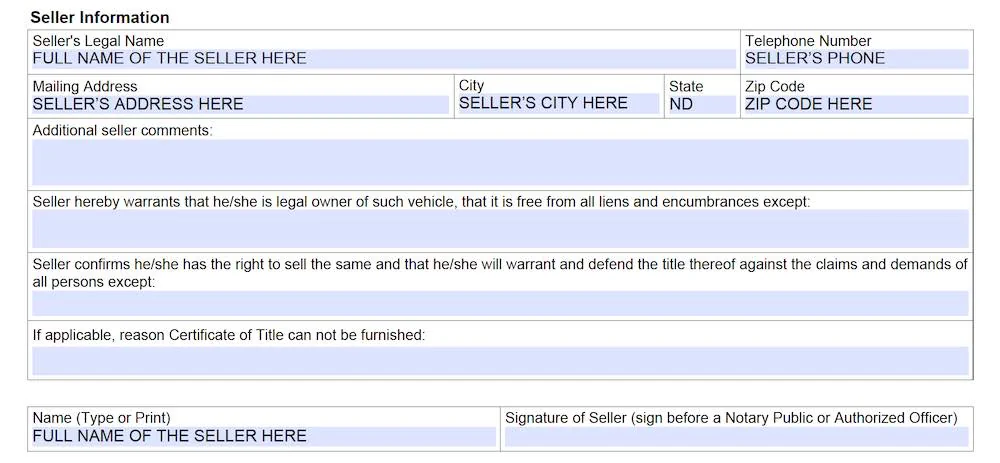 North Dakota Bill of Sale Form section