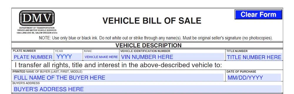 Oregon Bill of Sale Form section