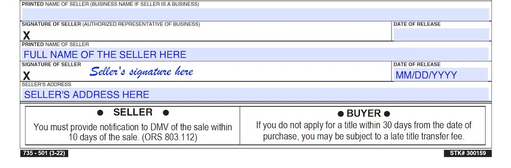 Oregon Bill of Sale Form section