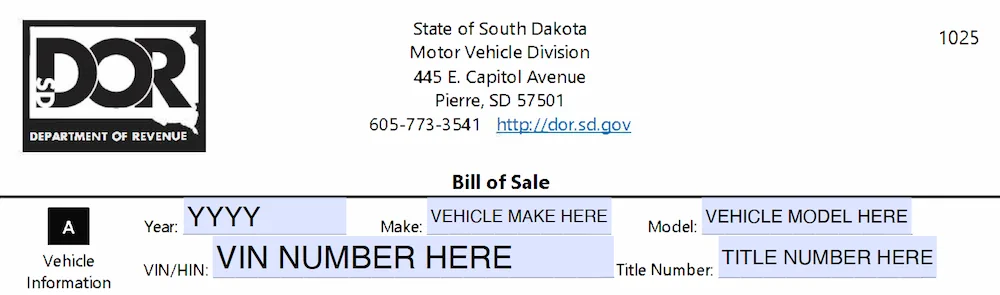 South Dakota Bill of Sale Form 1025 section