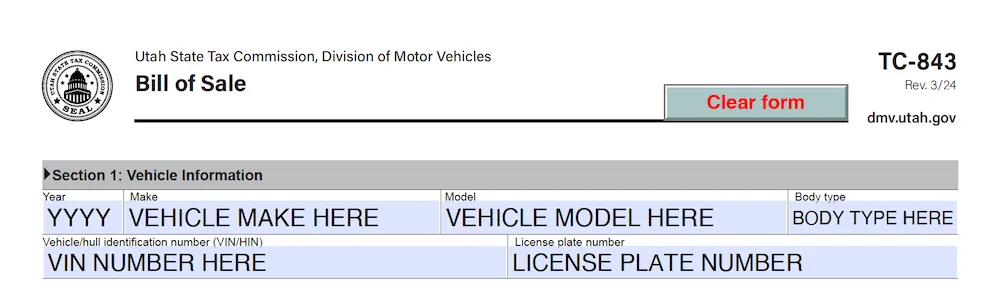 Utah Bill of Sale Form section