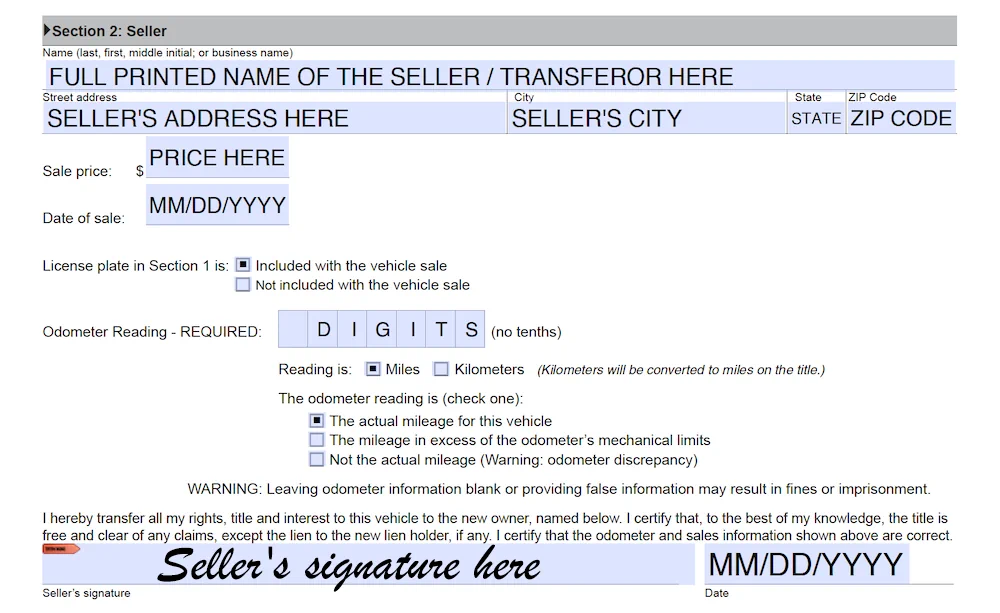 Utah Bill of Sale Form section