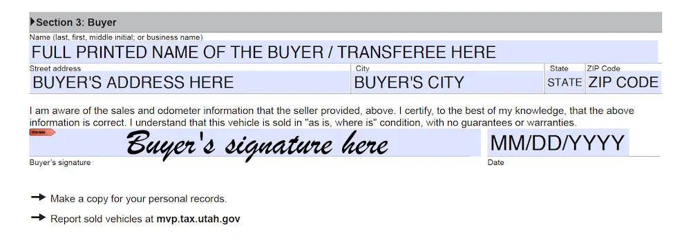 Utah Bill of Sale Form section