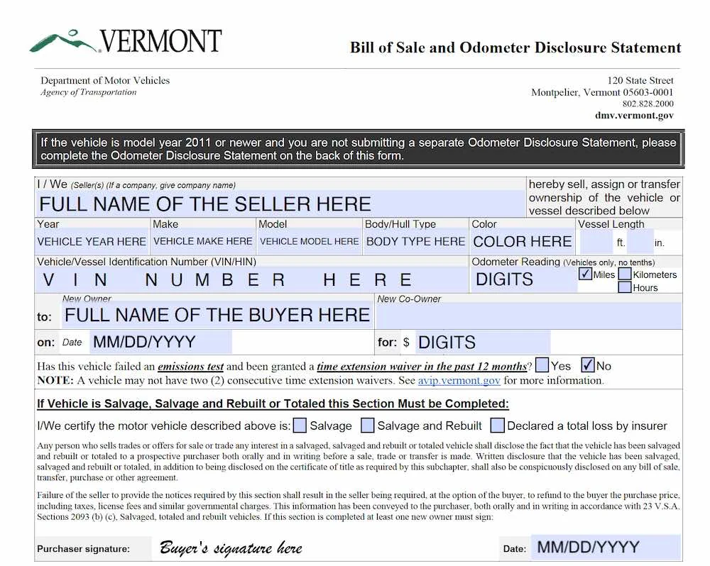 Vermont Bill of Sale Form section