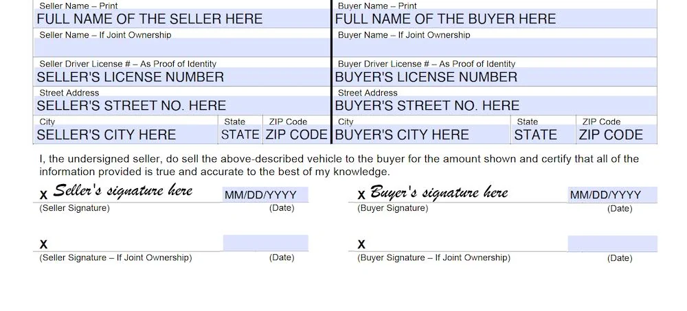 Wisconsin Bill of Sale Form section