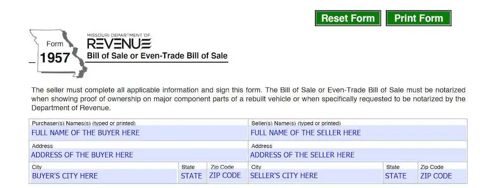 Missouri Bill of Sale Form section