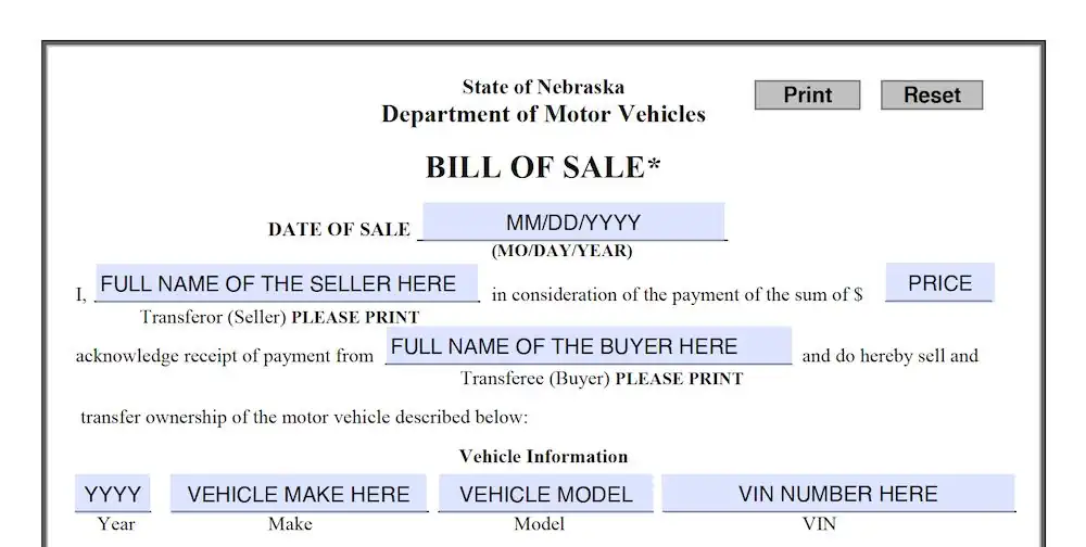 Nebraska Bill of Sale Form section