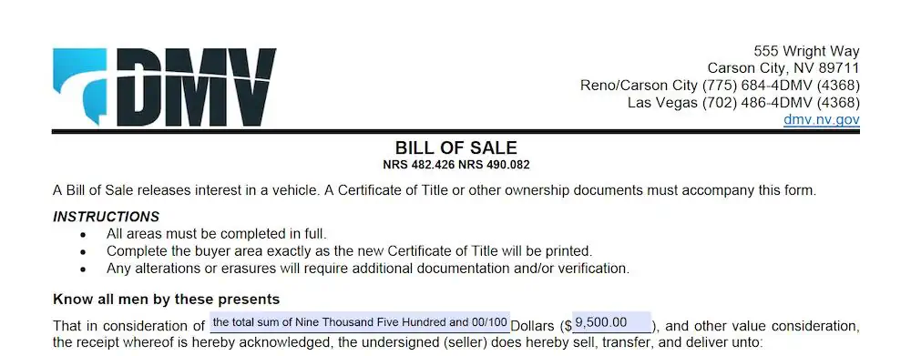 Nevada Bill of Sale Form section