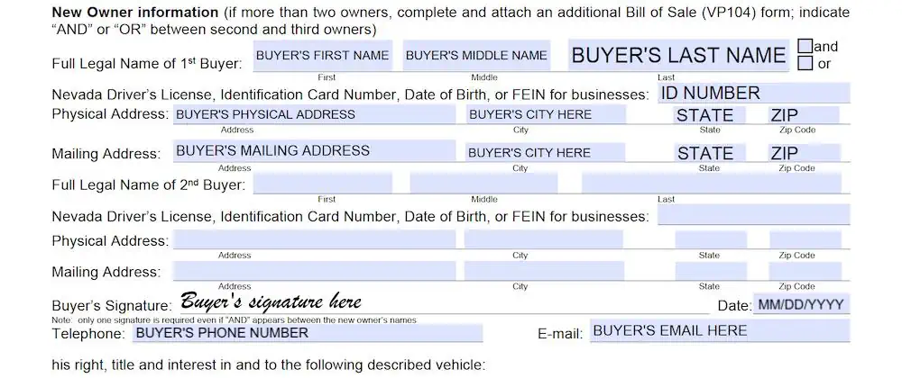 Nevada Bill of Sale Form section